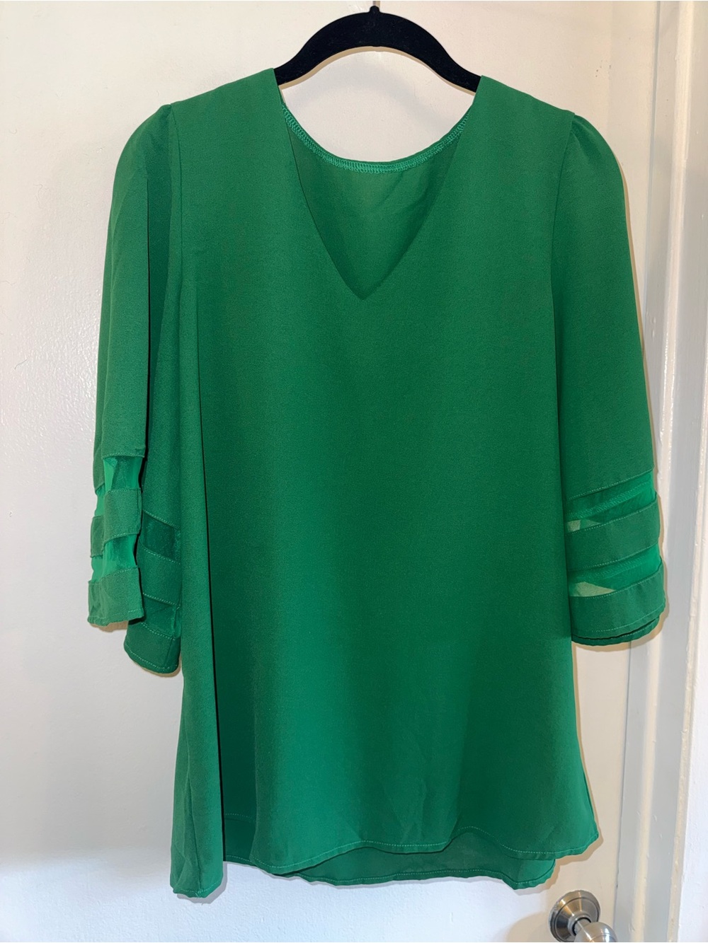 Emerald Green V-Neck Blouse Sheer Tiered Bell Sleeve Tunic Top